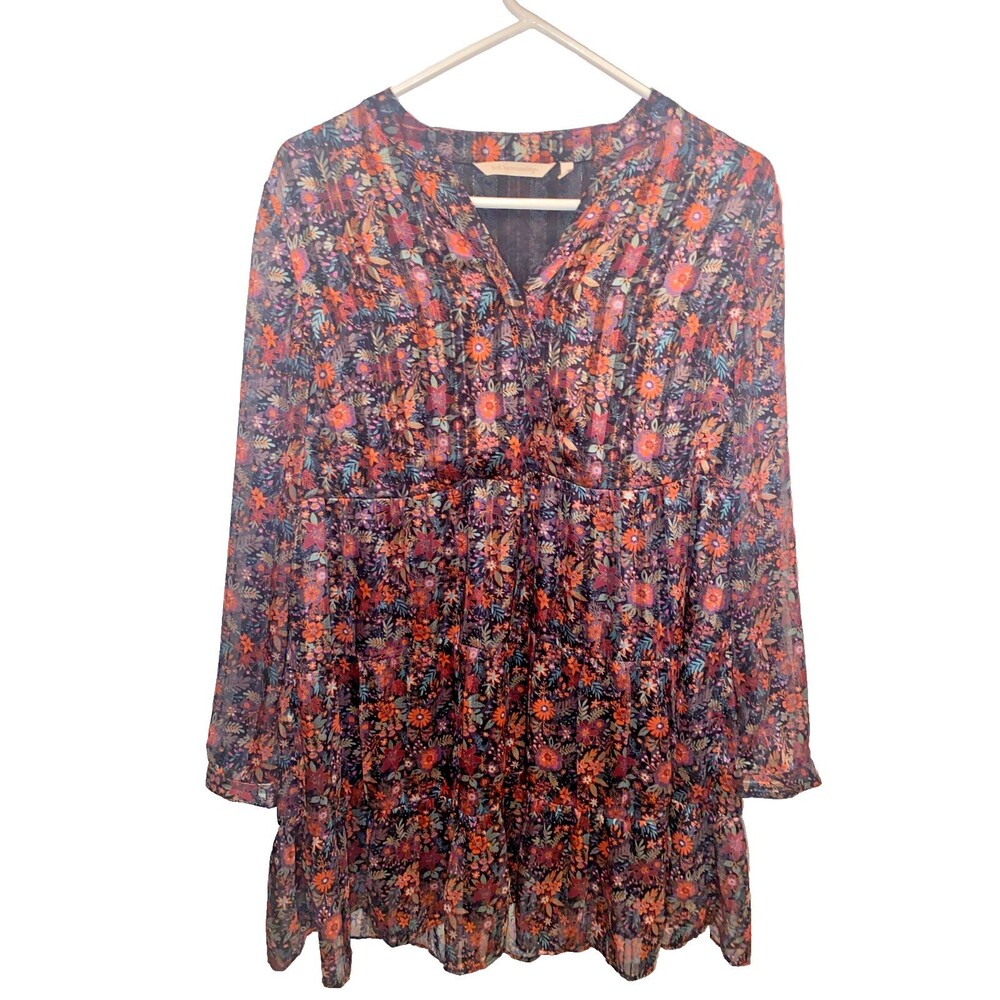Soft Surroundings Top Womens M Red Blouse Long Sleeve Ruffle Floral Shirt Tunic